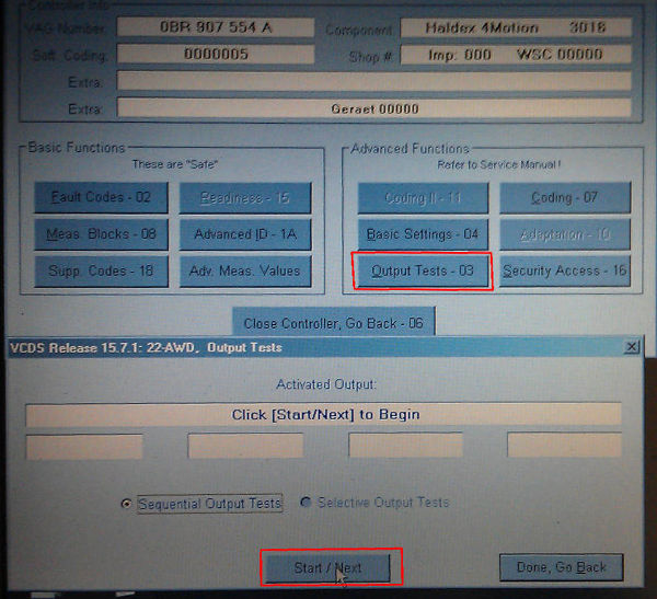 Screenshot of VAGCOM/ VCDS screen showing which buttons to select to bleed/ purge the Haldex system