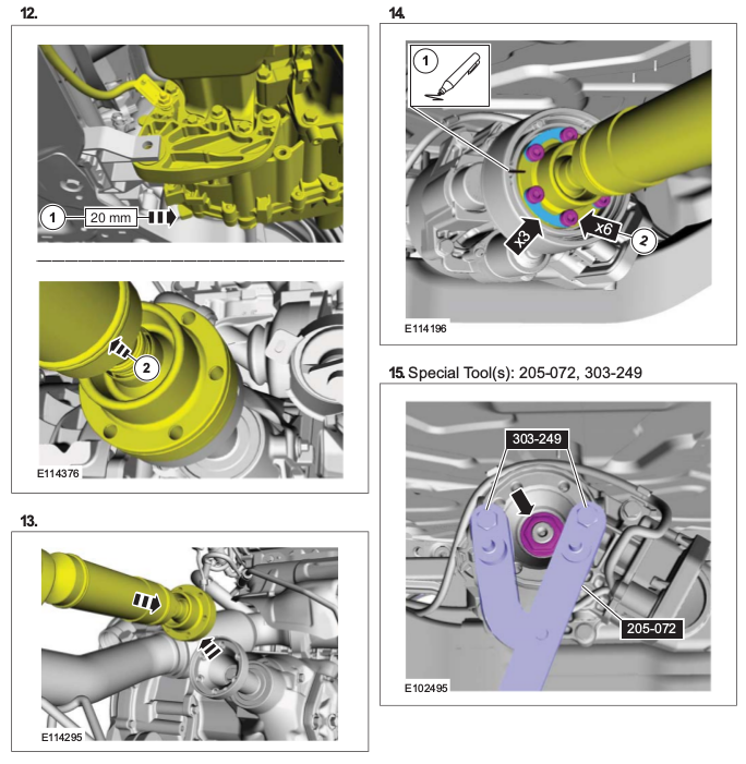 Diagrams showing how to remove the propshaft from the flange on a Ford Kuga when servicing the Haldex Coupling