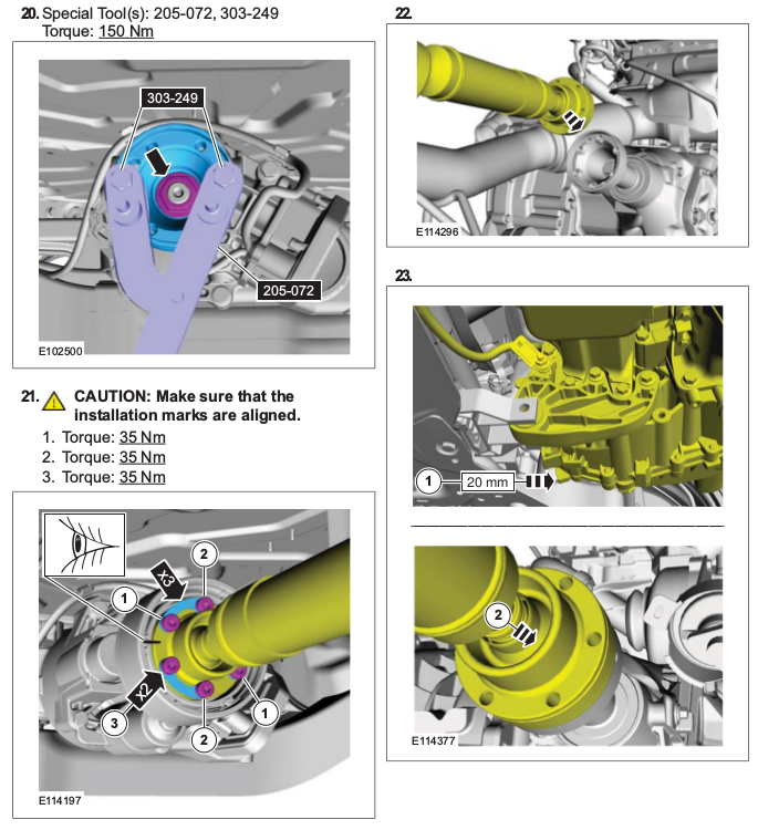 Diagrams showing how to reattach the propshaft to the flange on a Ford Kuga when servicing the Haldex Coupling