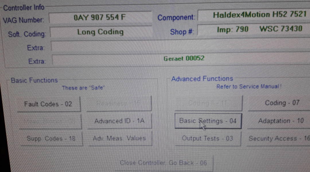 Screenshot of the pump learn function process using VCDS VAGCOM clicking 'Basic Settings' first