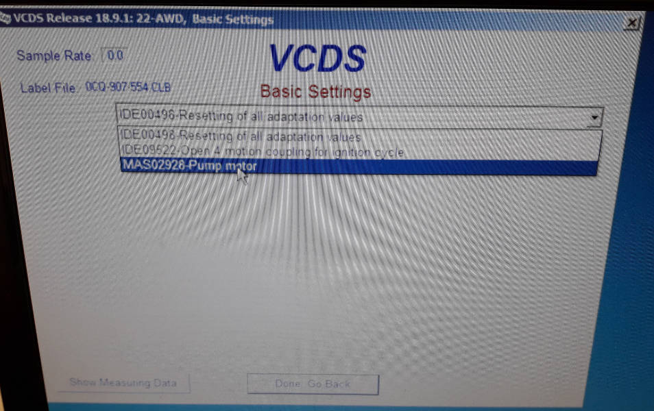 Screenshot of stage 2 of the pump learn function process using VCDS VAGCOM selecting MAS02928 Pump Motor option