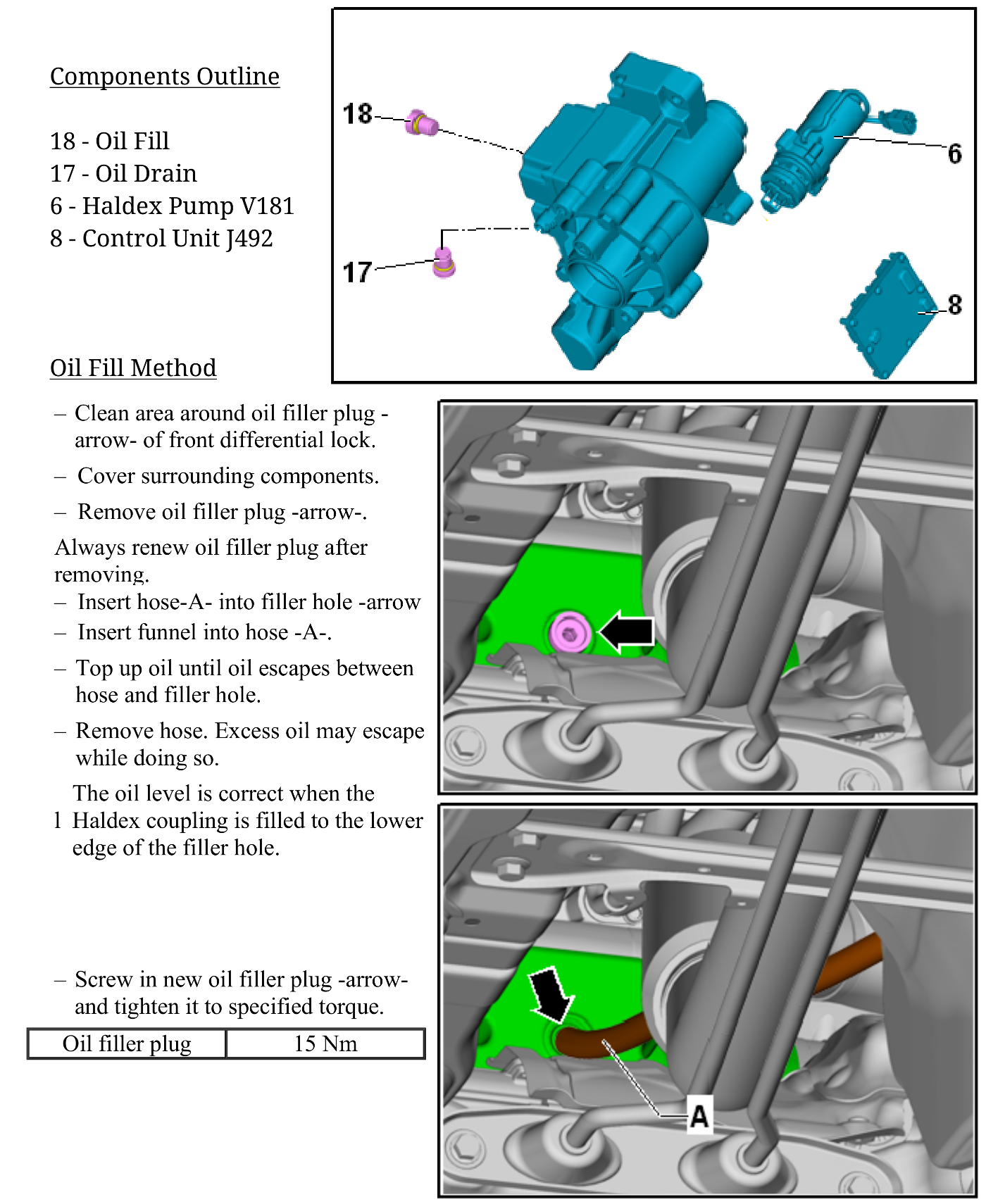 Written instructions with illustrations showing how to fill the front LSD Haldex coupling with oil on VAQ Ediff system