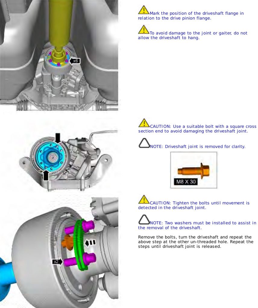 3 drawings showing each stage of removing the propshaft from drive flange on Land Rover Freelander 2 and Range Rover Evoque