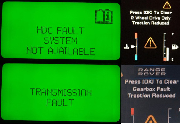 Warning messages on Land Rover Range Rover Evoque dash screen showing HDC Fault System Not Available and Transmission Fault