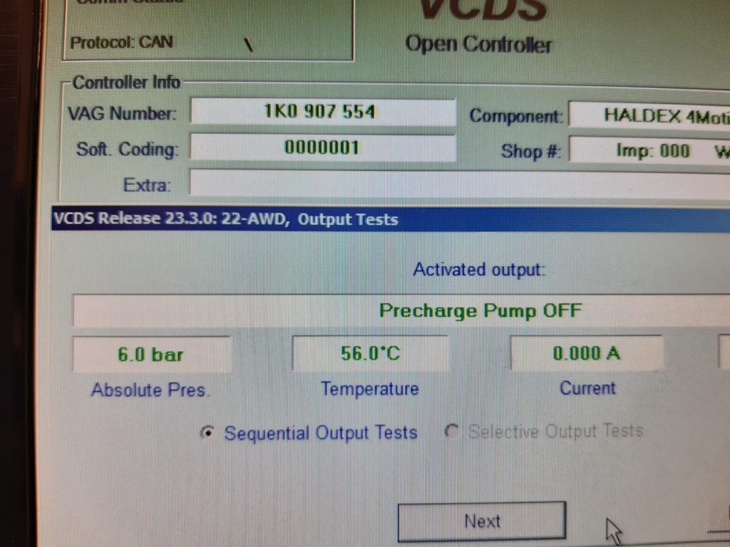 Results of an Output test with VCDS / ODIS diagnostic tool showing the readings when sensor has been installed incorrectly