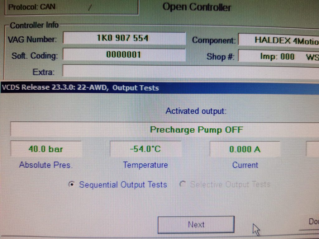 Results of an Output test with VCDS / ODIS diagnostic tool showing the readings when the contacts are not connected